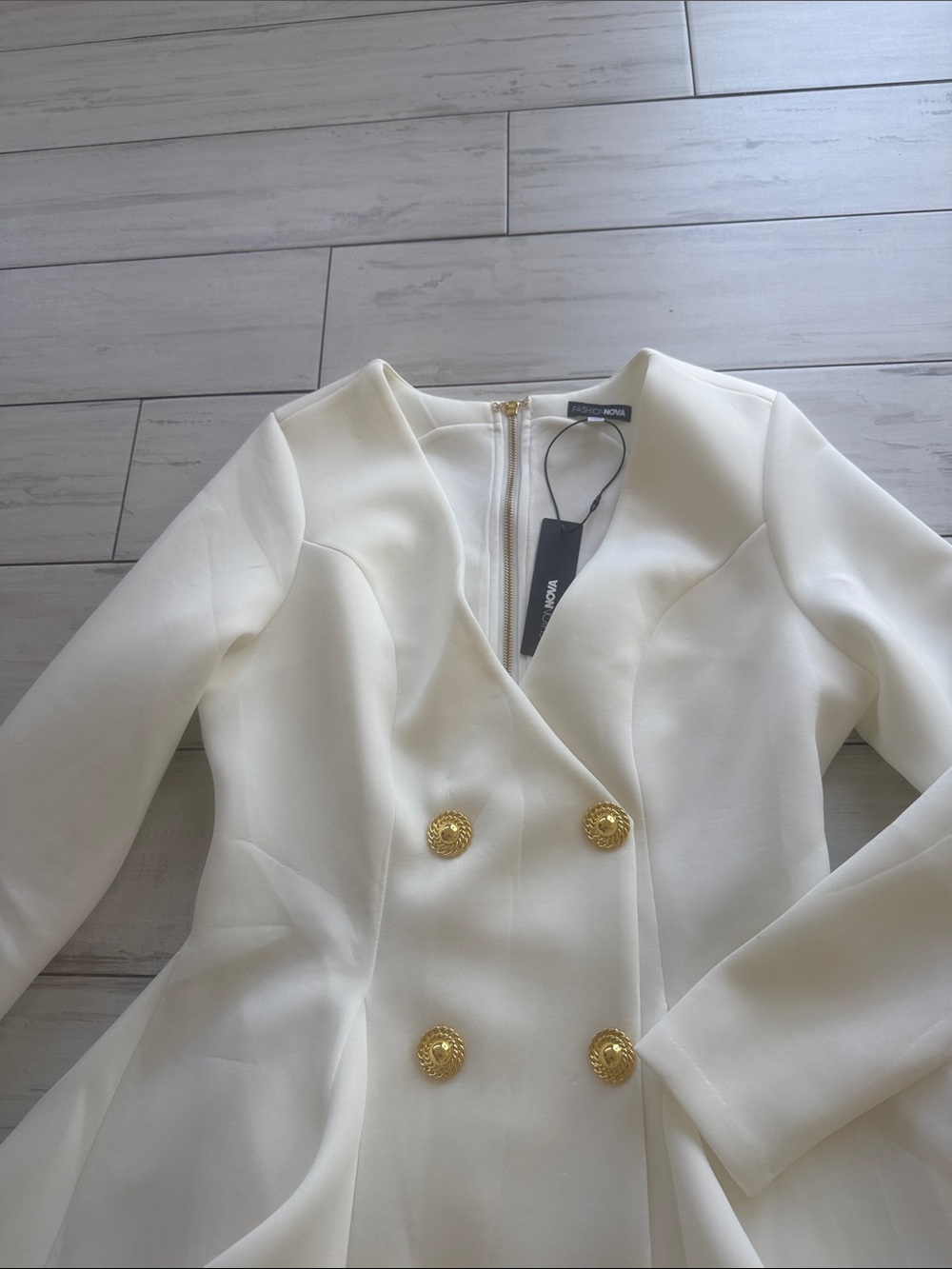 Fashion Nova Cream Double-Breasted Fit & Flare Long Sleeve Dress - Picture 3 of 3